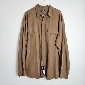 POLO RALPH LAUREN Shirt Mens Sz XXL Button Up‎ Casual Pockets Cotton Silk Brown